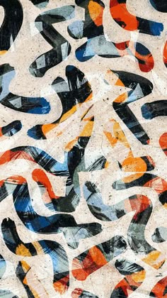 an abstract painting with many colors and shapes on it's surface, including black, orange, blue, yellow, red