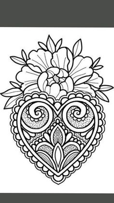 an ornate heart with flowers and leaves in the center, on a white background illustration