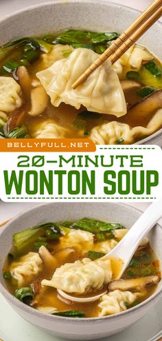 Try this quick and easy wonton soup recipe! You're going to love this homemade version that's ready in just 20 minutes. With that same Chinese restaurant taste, it will become one of your go-to comfort food! Vegetarian option included! Blender Soups, Wonton Soup Recipe, Asian Soup Recipes, Homemade Chinese Food, Wonton Recipes, Chinese Cooking Recipes, Easy Chinese Recipes, Delicious Soup Recipes, Home Comfort