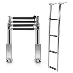 two different types of metal ladders and one is open to the side, with wheels on both sides