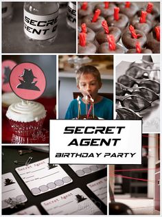 a collage of photos with the words secret agent birthday party