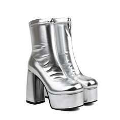 Shop Silver Platform Round Toe Sock Boots Block High Heel Ankle Boots color Silver for Anniversary, Hanging out, Night Club, Party with worldwide Free shipping & Free return. Silver Platform Boots, Silver Platform Boots For Fall Party, Silver High Ankle Winter Boots, Silver Round Toe Platform Boots For Fall, Fall Silver Platform Boots With Round Toe, Silver Platform Boots For Fall, Silver Platform Boots For Winter, Winter Silver Platform Boots, Platform Gogo Boots