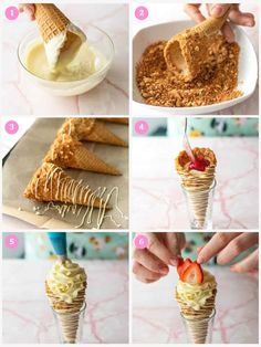 the steps to making an ice cream sundae with strawberries and whipped cream on top