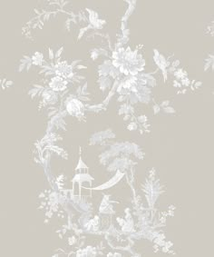 a wallpaper with white flowers and birds in the background on a light gray background