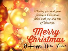 a merry christmas and happy new year greeting card with golden balls in the center, surrounded by red and gold baubs