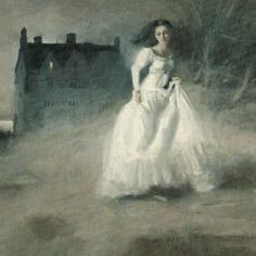 a painting of a woman in a white dress walking away from a house with fog