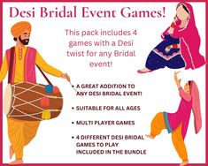 Looking for some fun games for a Bridal events with a Desi twist!  This pack includes 4 games to get the whole bridal squad having fun and laughing together! A GREAT ADDITION TO ANY DESI BRIDAL EVENT!   SUITABLE FOR ALL AGES MULTI PLAYER GAMES x4 DIFFERENT DESI BRIDAL GAMES TO PLAY INCLUDED IN THE BUNDLE Suitable for any Bridal event: Bridal shower Hen/Bachelorette Mendhi night Dholke Game 1: Find the guest who matches the description. The first one who has 5 in a row, wins!  A great way to get Mehndi Games Ideas, Mehndi Games, Doli Games, Indian Wedding Games For Guests, Doli Indian Wedding Games, Desi Wedding Planner, Wedding Traditions Game, Indians Game, Event Games