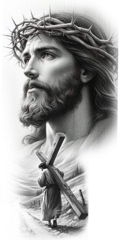 a drawing of jesus holding the cross with his hands