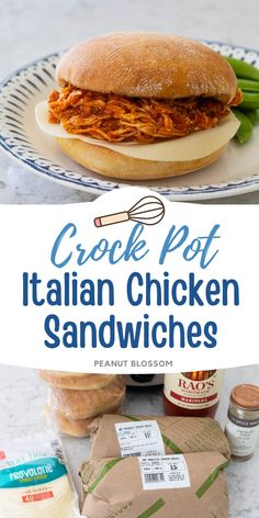 an italian chicken sandwich is shown on a plate with the words crock pot italian chicken sandwiches