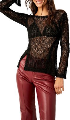 Free People On the Road Twisted Lace Top | Nordstromrack Black Net Top, Sheer Knit, Lace Top Long Sleeve, Free People Black, Black Media, Long Sleeve Lace, On The Road, Free People Tops, Black Tee