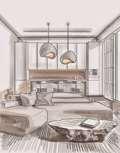 a drawing of a living room with couches and lamps