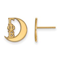 a pair of gold earrings with the letter f on it and a crescent in the middle