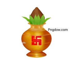 a golden vase with green leaves on top and the letter f in red is shown