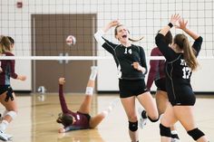 the volleyball players are trying to hit the ball