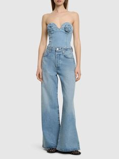 Cotton denim corset w/ flowers - Magda Butrym - Women | Luisaviaroma Versace Brand, Denim Corset, Magda Butrym, Flat Espadrilles, Swim Accessories, Shearling Jacket, Ski Wear, Swimwear Tops, Down Jacket