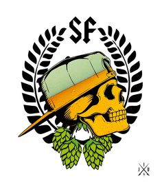 a skull wearing a hat with hops on it and the word sp above it