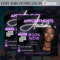 a flyer for an appointment with a woman's face and palm trees in the background