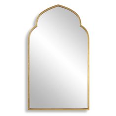 a gold framed mirror with an arched design on the top and bottom, against a white background