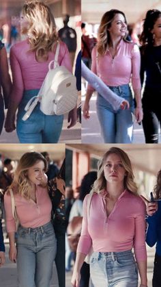 four pictures of women in pink shirts and jeans walking down the street with one carrying a purse