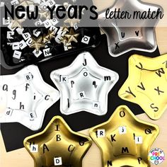 new year's letter match letters and shapes are shown in gold, silver, and black