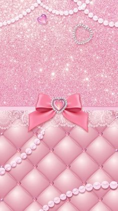 a pink background with hearts, pearls and a bow on the corner is shown in this image