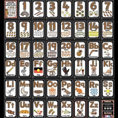 an alphabet poster with animals and numbers on it's sides, including the letters