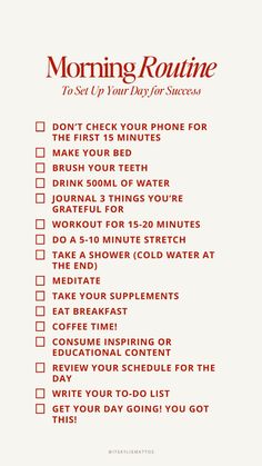 r success. Embrace healthy habits, boost productivity, and foster self-growth. From mindful meditation, nourishing breakfast, goal-setting to exercise, our checklist covers all elements for a balanced start. Begin your journey to success today!  morning routine, checklist, healthy habits, productivity, self-growth, mindful meditation, nourishing breakfast, goal-setting, exercise, balanced start, success journey, personal development, women wealth and wellness club How To Be Productive Everyday, Checklist For Healthy Lifestyle, Best Routine For Healthy Life, Good Healthy Morning Routines, How To Start A Daily Routine, Healthy Habits For Beginners, Best Habits To Start, How To Form Healthy Habits, Morning Routine For Healthy Life