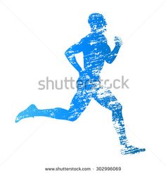 blue grungy running man silhouette on white background with clipping space for text