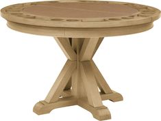 a round wooden table with two legs and a circular top on an isolated white background