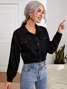 Corduroy Flap Detail Crop Jacket | SHEIN USA Women Jackets, Shein Style, Crop Jacket, Shoulder Length, Dream Closet, Fashion News, Mom Jeans, Length Sleeve, Long Sleeve Blouse