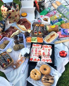 an assortment of food is laid out on a blanket in the grass, including donuts and other snacks