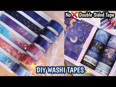 several rolls of washi tapes in a box with unicorns and stars on them