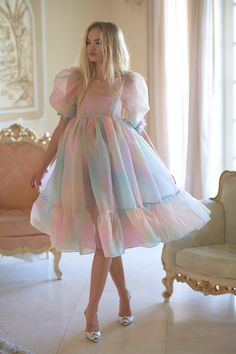 The Rainbow French Puff Chifon Dress, Rainbow French, Simple Frock Design, Simple Frocks, Fest Outfits, Frock For Women, Puff Dress, Cute Dress Outfits, Fancy Dresses Long