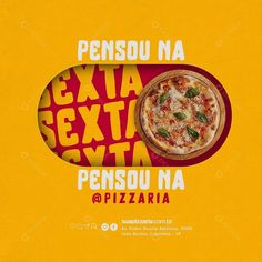 an advertisement for a pizza restaurant with the image of a pizza on it's side