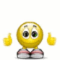 an emoticive smiley face with two thumbs up in front of the camera, on a white background