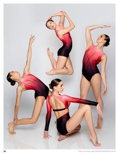 four women in leotards are posing for the camera and one has her arms stretched out