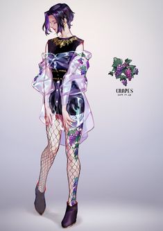 a woman with purple hair and black stockings is dressed in an elaborately designed outfit