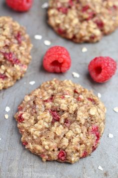 raspberry oatmeal cookies with fresh raspberries on the side