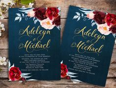 two wedding cards with red and pink flowers on them, sitting next to each other