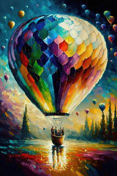 a painting of a colorful hot air balloon floating in the sky with people on it