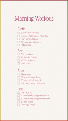 a pink and green printable workout checklist with the words morning workout on it