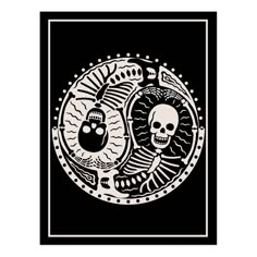 a black and white drawing of two skulls in a circle with an ornate design on it