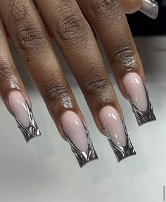 Nails Ideas Nail Art, Chrome Nails Silver, Silver Acrylic Nails, Art Nails Design, Nail Nail Designs, Prom Nails Silver, Silver Nail Designs, Chrome Nails Designs