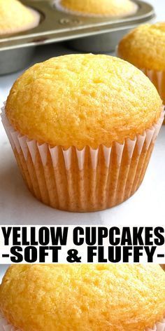 yellow cupcakes with soft and fluffy inside are shown in three different pictures, the top one has a muffin on it's side