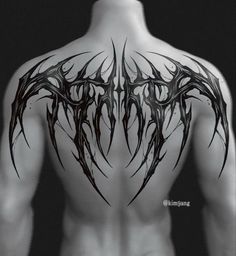 the back of a man's torso with black and white tattoo designs on it