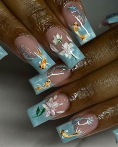 my favorite set everrr 🩵🪷✨ inspired by: @amys.clients #slayedbyjayde 💅🏽 #nails #nailsofinstagram #CTnails #nailsCT #airbrushnails… | Instagram Fish Nail Art, Sqaure Nails, Fish Nails, White Chrome Nails, Nyc Nails, Airbrush Nails, Dope Nail Designs, Unique Acrylic Nails, Bling Acrylic Nails