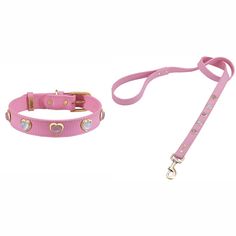 a pink leather dog collar and leash with hearts