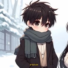 two anime characters standing in the snow with their hands on their hipss and one has a scarf around his neck