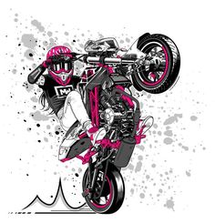 a drawing of a person on a motorcycle doing a wheelie with pink paint splatters