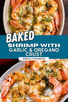 baked shrimp with garlic and oregano in a casserole dish